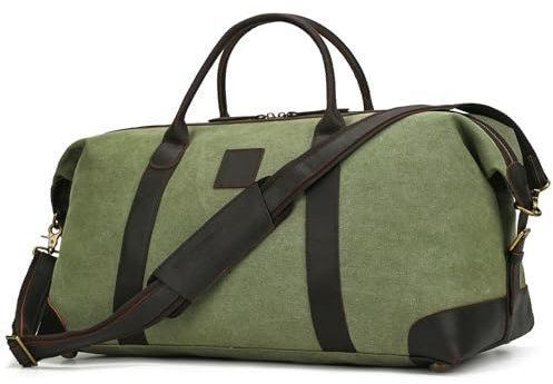 Vintage Reisetasche Canvas Echt Leder Unisex Handgepäck Reisetasche Sporttasche Weekender Tasche für Kurze Reise am Wochenend Urlaub Arbeitstasche 50 Liter (Grün-Dunkelbraun)