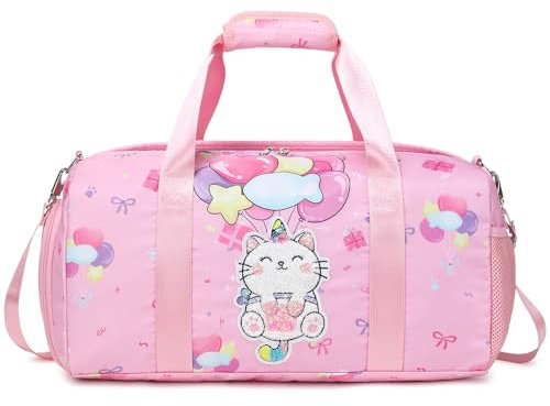Katze Sporttasche Kinder Mädchen Leicht Reisetasche Kinder Mädchen Trainingstasche Tanztasche 25L Sporttaschen mit wasserdichtem Nassfach und Schuhfach