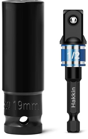 1/2 inch Drive Impact Socket Set Hakkin 19mm Deep 6-Point Impact Socket and 1/4 Hex Shank to 1/2 Drive Adapter Heavy Duty Chrome Vanadium Steel