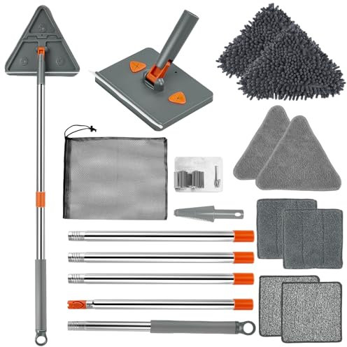 Feeloco Baseboard Cleaner Tool with Handle,360°Rotating Wall Cleaner Mop,180° Folding Ceiling Tool Duster with Squeegee for Cleaning Baseboard,Wall,Ceiling,Window,Floor,8 Replacement Cleaning Pads