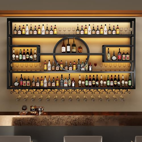 Porte Bouteille Mural,Étagère Murale À Vin En Fer,Casier À Bouteilles,Porte-Bouteilles Et Porte-Verres Design,Casier À Vin Métallique,Range Bouteille Pour Bar,Cuisine,Cave À Vin(Black,70.9*7.9*51.2in/