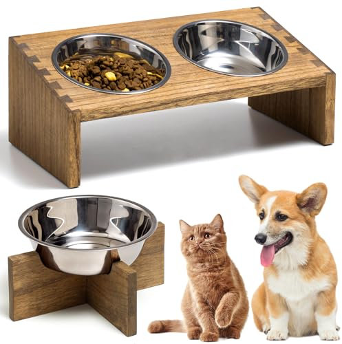 KIRIGEN Gamelle Surélevée pour Chats et Chiens – Station d'alimentation en Bois avec 3 Bols Amovibles en Acier Inoxydable, Gamelle Idéale pour Chats et Petits Animaux Couleur Brun