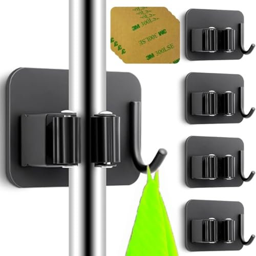 Ataraxia Home - Set di 4 Portascope da Muro - Portascope Salvaspazio, Porta Scope Parete Esterno e Interno, Appendi scope a muro adesivo - Ganci Porta Scope da muro Attacca Scope (Nero)