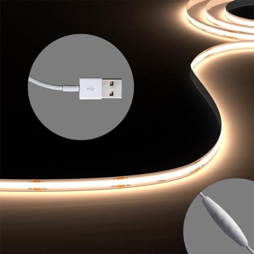 HOMINA COB LED Strip Lights with 3Key Memory Dimmer, USB 2M/6.6FT Ultra Bright 4000K, 90+ CRI LED Tape Lights, Rope Lights for Bedroom, Cabinet, Kitchen TV Backlight