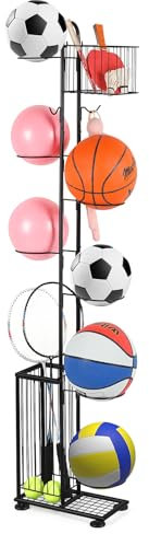Metal Ball Storage Rack, 7 Tier Football Holder Stand, Vertical Sports Equipment Organizer for Garage,Basketball Stand Rack with 2 Baskets & Hooks Freestanding