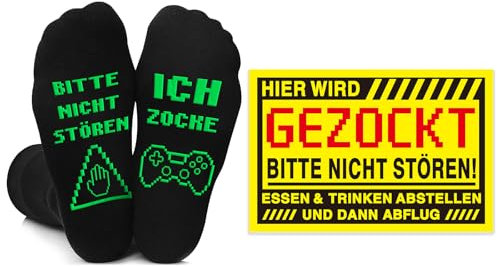 Giftota Lustige Socken, Gaming Socken mit Spruch BITTE NICHT STÖREN ICH ZOCKE, und GEZOCKT Schild, Rutschfeste Wintersocken, Gamer Geschenk für Männer Frau Weihnachts Geburtstag