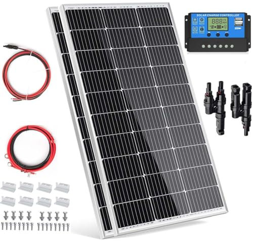 BOKENTIO 200 W (2 x 100 W) Solar Panel 12 V Monocrystalline Solar Panel Kit 2 x 100 Watt Solar Module + 20 A Charge Controller for Off-Grid 12 Volt Energy Charge for Motorhome, Boat, Caravan