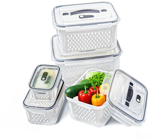 Sixfolo Kühlschrank Organizer mit Deckel und Ablaufkorb 5er Set Frischhaltedosen für Obst und Gemüse Aufbewahrung Kühlschrank Kunststoff Stapelbare Frischhalteboxen für Salat Beeren,5 Größen