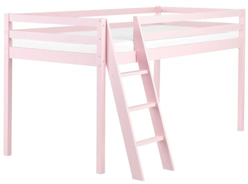 Lit Simple Enfant Mi-Hauteur en Bois de Pin 90 x 200 cm avec Sommier à Lattes Rose Ascoux