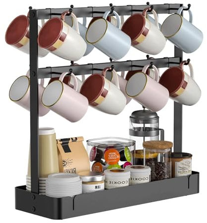 Coffee Mug Holder Stand, 16 Cup Mug Tree Stand – 2 Tier Countertop Mug Holder with Storage Base, Metal Coffee Cup Organizer for Kitchen, Tea & Coffee Bar (Black)