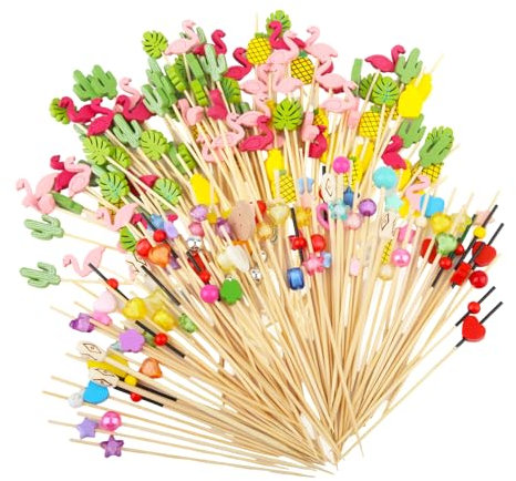 RYAN 200 Pièces Pique Aperitif 12-13cm Brochette en Bois avec Motifs Brochettes de Fruit Flamant Pique Brochette Bois pour Déco Cocktail Fête Anniversaire Festival