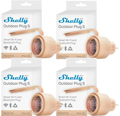 Shelly Outdoor Plug S Gen3 Viererpack, WLAN Smarte Steckdose für den Außenbereich, IP44, Matter-Zertifiziert, 12A, 2500W, Außenbeleuchtung, Leistungsmessung, Außenautomatisierung, Alexa, Google