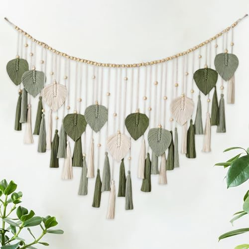 inodiref Grande arazzo da parete in macramè, fatto a mano, con nappe e perline di legno, colore beige, foglie verdi, decorazione da parete per camera da letto, soggiorno e cameretta dei bambini (125 x