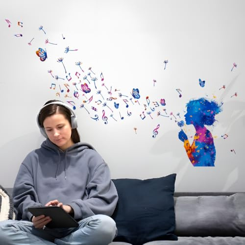 SUPERDANT Wandtattoo Mädchen Bläst Löwenzahn Wandsticker Musiknoten Dekor Wasserfarben Abziehbare Vinylkunst Wandaufkleber Dekoration Für Wohnzimmer Schlafzimmer Büro Kinderzimmer