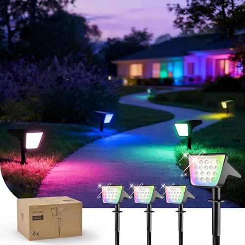 Philips Lot de 4 Spots Solaires RGBW Extérieurs, 18 LED Éclairage Paysager Solaire, 9 Modes d'Éclairage Changeant de Couleur du Crépuscule à l'Aube Étanches pour Jardin Arbres Halloween Noël