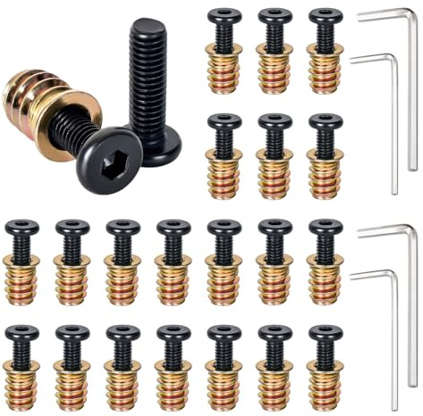 20 Pcs Insert Fileté Metal: Insert Fileté Bois M6 x 15mm et Vis de Connexion pour Meubles M6 x 20 mm, Vis à Tête Plate et Écrous à Visser pour Meubles en Bois, avec 4 Clés