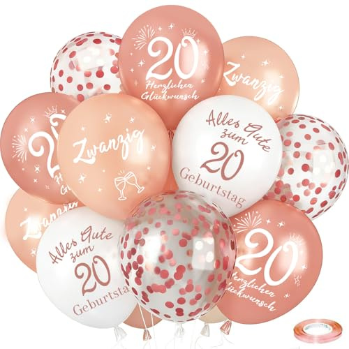 Luftballon 20. Geburtstag Deko, 24 Stück Roségold Ballons Deko 20 Jahre Geburtstags Mädchen Frauen, 20. Alles Gute zum Geburtstag Ballons, Happy 20th Birthday Balloons für Freundin Tochter Schwester