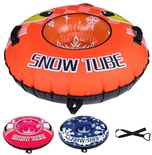GYMAX Aufblasbarer Schneereifen mit Schleppleine, Snow Tube Reifen Schlitten Donut Rutschreifen mit 3-in-1 Ventil & Griffe, 107 cm Snowtube, Rodelreifen für Kinder & Erwachsene