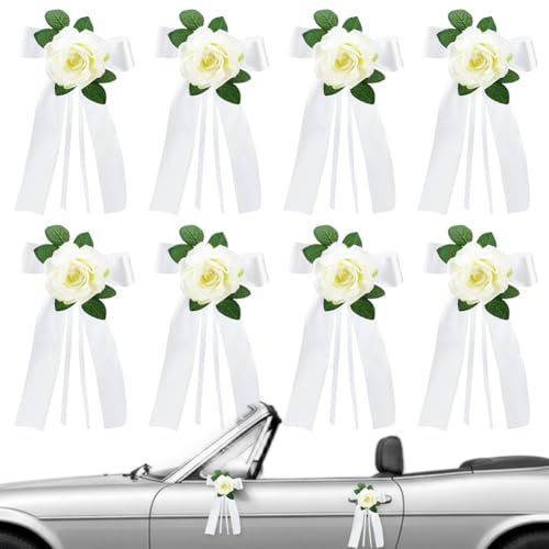 PH PandaHall 8pcs Wedding Car Door Handle Flowers, Romantic White Wedding Flowers Vintage Car Door Flower for Bridal Shower Married Anniversary Party Ceremony Car Decoration, 13.8x7.6 Inch