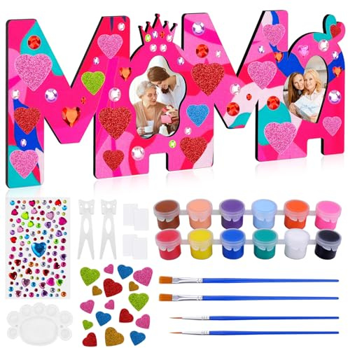 Kkluno MAMA Bilderrahmen Geschenk Holzbuchstaben Mutter Bastelset Holz Personalisierte Foto mit Farben and Pinsel Muttertagsgeschenke Geburtstag Weihnachten Geschenk für MAMA (Rosa)