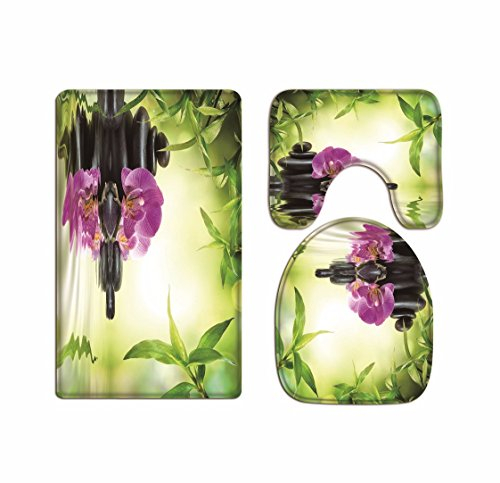 A.Monamour Badezimmer Badematte 3 Teilig Set Yoga Meditation Zen Grünpflanzen Orchidee Blume Felsen Steine Wasser Natürlichen Flanell Saugfähig Badteppiche Badvorleger Badgarnitur WC Vorleger