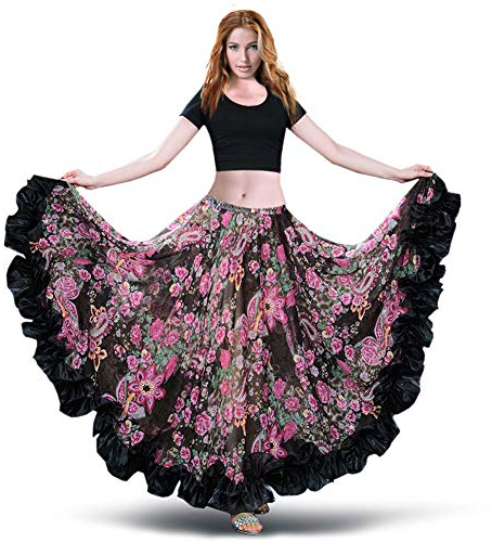 ROYAL SMEELA Jupe Femme Mousseline de Soie Style Tribal - Robe de Danse du Ventre Bohème 360/720 Degrés Floral en Voile