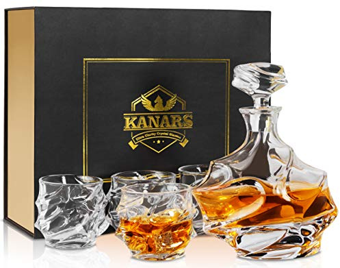 Juego de decantador de whisky Emperor, 5 piezas KANARS jarra de cristal de primera calidad sin plomo con 4 vasos de cóctel de estilo antiguo para beber whisky o probar café en caja de regalo de lujo.