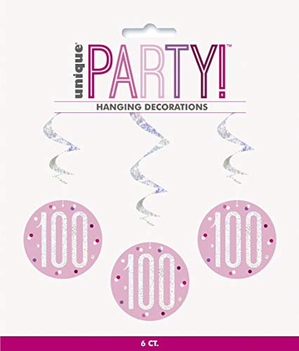 Hängende Wirbel-Geburtstagsdekorationen - 81 cm - 100. Glitzer Rosa & Silber Geburtstag - 6er-Packung