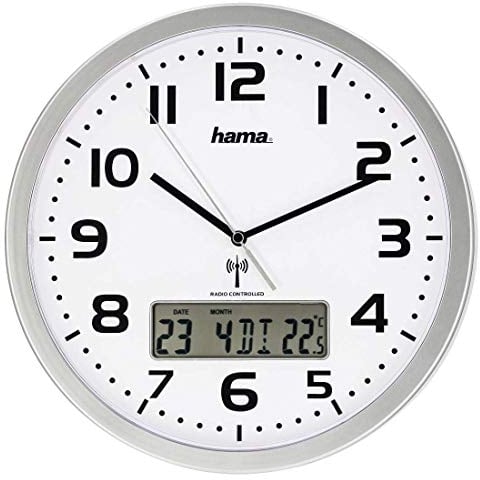 Hama Horloge murale radio-pilotée Extra (avec indicateur de date et température) Blanc et Argenté