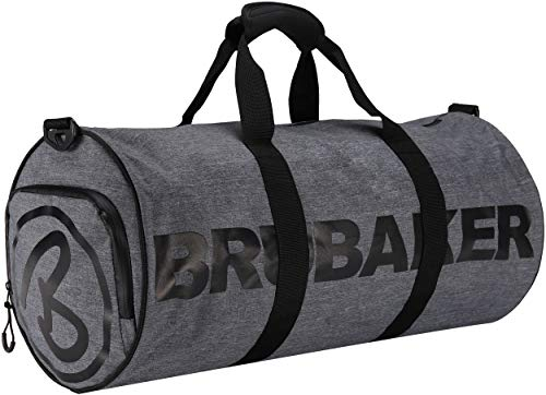 BRUBAKER Unisex Duffel Bag Sporttasche 27 L - wasserabweisend - Schuhfach + Nassfach + Abnehmbarer Schultergurt - 54 cm x 25 cm Ø - Anthrazit Grau Melange/Schwarz