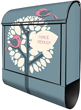 banjado® Design Briefkasten personalisiert Motiv Zwei Rosa Vögel 39x47x14cm & 2 Schlüssel - Briefkasten Stahl schwarz Zeitungsfach pulverbeschichtet - Postkasten A4 Einwurf inkl. Montagematerial
