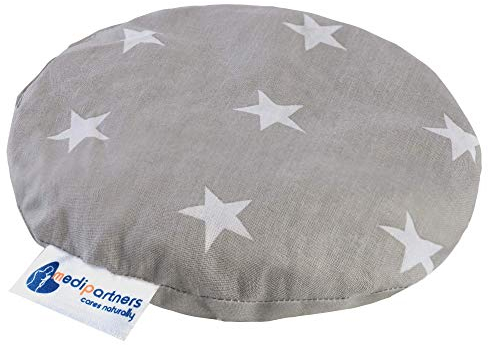 Medi Partners Almohada térmica para bebés 180g Redonda 15 cm Ecológica Natural 100% Algodón Cojin Masaje con calor + frío (estrellas blancas con gris)