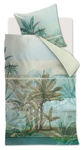 Beddinghouse Mako-Satin-Bettwäsche-Garnitur Canopy Farbe Blau Grün Größe 135x200+80x80cm Palmen Dschungel Satin