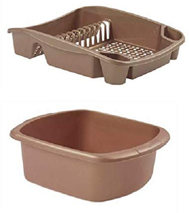 Plastic Large Washing up Bowl and Dish Drainer Rack Kitchen Plate Holder Set of 2 (Rose Gold)