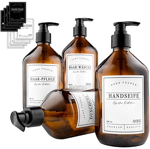 MONOKO 4er Set Seifenspender Glas Braun 250ml | Shampoo Flaschen zum Befüllen | Spülmittelspender Küche | Duschgel Spender + Aufkleber