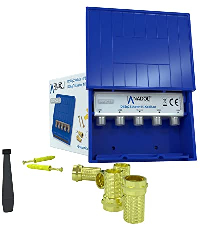 Anadol 4/1 DiseqC Schalter 2.0, Switch für Satellitenschüssel, für Empfang von 4 Satelliten für 1 Teilnehmer, Wetterschutzgehäuse, HDTV, LNB Umschalter + 5X FStecker + Kabelbinder + Dübel Schrauben