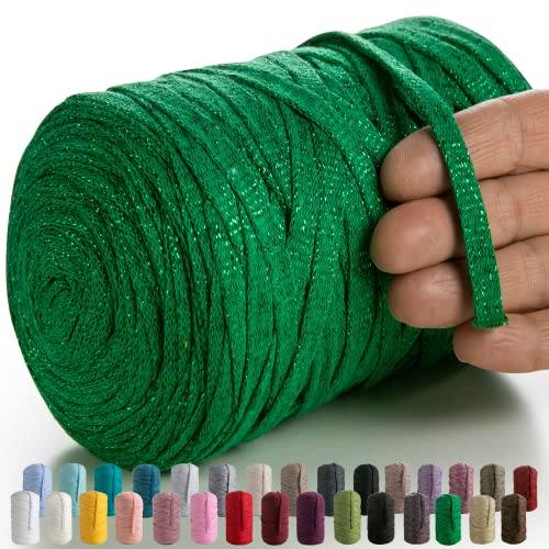 MeriWoolArt® Makramee Textilgarn zum Häkeln und Stricken - DIY glitzern flache T-Shirt Band Garn Dicke 10 mm, 125 m - Recyceltes Baumwollgarn mit Lurex, Viscose (Lurex Grün)