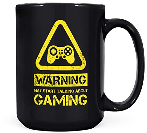 Mug Monster - Warning May Start Talking About Gaming Funny Gift Mug - Ceramic Coffee Cup, Gift for Men or Women, Extra Large and Giant Available, 15oz Black