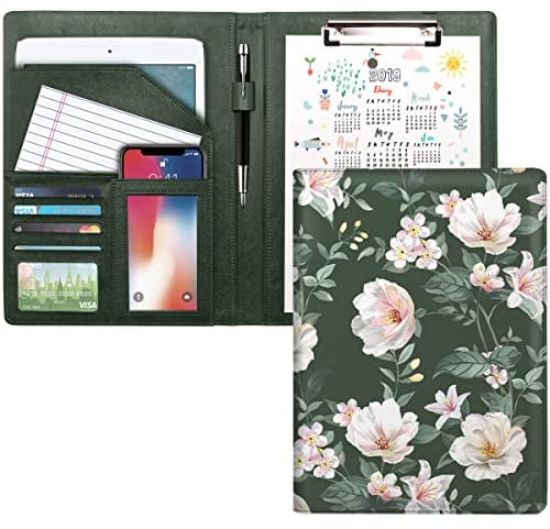 WAVEYU Portfolio-Mappe für Damen, Padfolio für Mädchen, Konferenz-/Lebenslauf-/Rechtsdokumenten-Organizer mit Klemmbrett in A4-Größe, Visitenkartenhalter, grüne Blume
