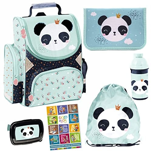 Goldkids 6er Set Schulranzen Ranzen Tornister Schulrucksack Federmappe Turnbeutel Turnsack Brotdose Trinkflasche Aufgabenheft Panda Motiv ab 1 Klasse