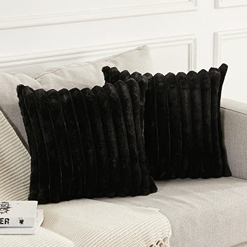 Joyouth 2er Set Doppelseitige Plüsch Samt Kissenbezüge Weiche Künstliche Pelz Kissenbezüge Dekorativ für Couch Sofa Schlafzimmer Wohnzimmer Zuhause 45x45 cm Schwarz