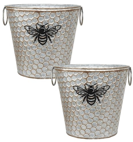 Fyne-Finds Set of 2 Round 20cm, 8inch Metal Honey Comb Bumble Bee Plant Pot Tin Pail Planter Gold Decor