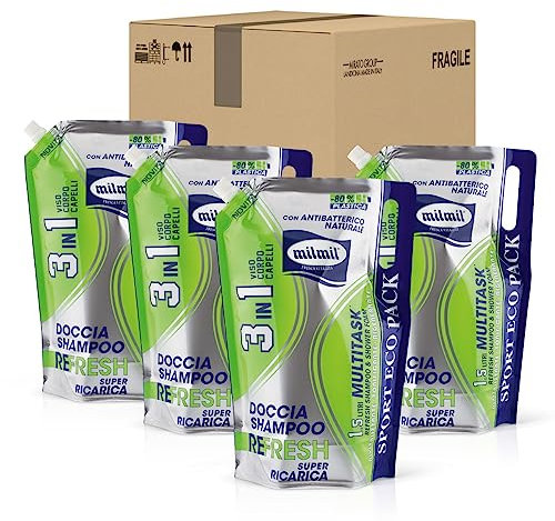 Milmil Detergente Liquido Refresh Multitask 3 in 1 Mani Viso Corpo, Rinfrescante e Rivitalizzante, con Antibatterico Naturale, Sport Eco Pack, Busta Maxi Ricarica - 4 x 1500 ML