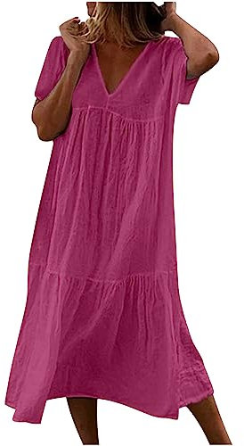 Susenstone Robe d'été en coton et lin blanche Col en V Taille haute Maxi Robe bohème Unie Rose Vif Taille unique Manche courte Occasionnel,quotidien Femme DRESS Polyester/élasthanne