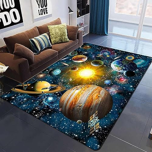 NURCIX Weltraum-Teppich für Kinder, Galaxie Planet Teppich, 140x200cm (55x79inch), Mehrfarbig, Gummi, Rutschfest, leicht zu reinigen