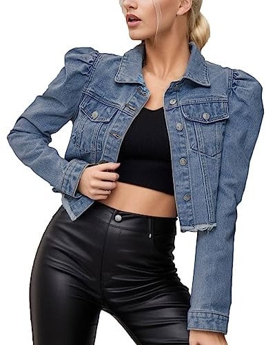 rtdgcv Women's Denim Jacket with Puff Sleeves Denim Jacket Transition Jacket Used Look Denim Jacket Women's Short Women's Denim Jacket Lapel Jacket with Pocket Button Light Grey Coat Women's Denim