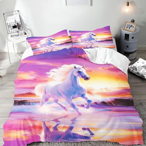 SMchwbc Horse Bed Linen 135 x 200 cm, Horse Girls, Children, Horse Bed Linen Set, Soft Microfibre Horse Bed Linen Set with Zip and 2 Pillowcases (140 x 210 cm, 5)