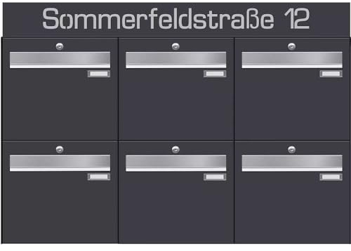 Frabox Briefkastenanlage 6fach Aufputz Briefkasten XXL personalisiert RAL 7016 6er Postkasten anthrazit-grau Mehrfamilienhaus Gewerbe ohne Zeitungsfach Wandbriefkasten groß Made in Germany LUIS