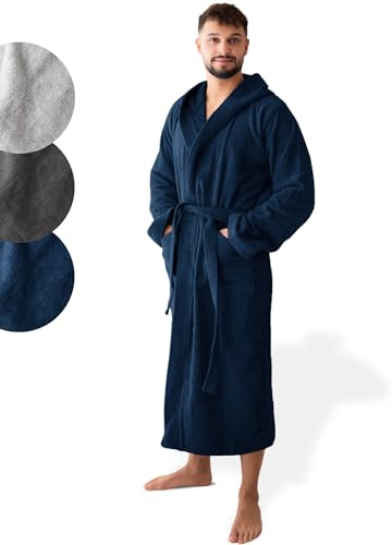 SIEGENTHAL® Herren Bademantel Frottee Velours 100% Baumwolle - Kapuzenbademantel, weich, saugfähig, warm, lang, Luxus, Premium, Wellness, Spa, hochwertige Verarbeitung, Dunkelblau XL XXL