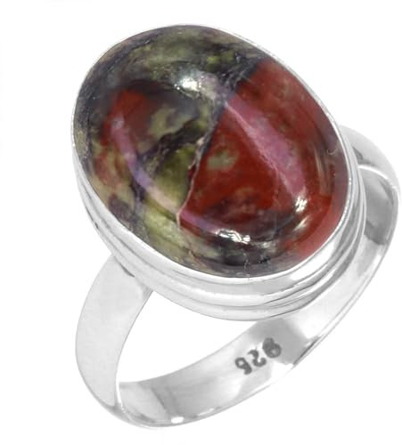 Jeweloporium Mehrfarbiger Drachenblut-Jaspis-Silberring, Größe 69 (22,0), 925er Sterlingsilberring für Damen, natürlicher, klobiger, ovaler Edelstein, handgefertigter Schmuck